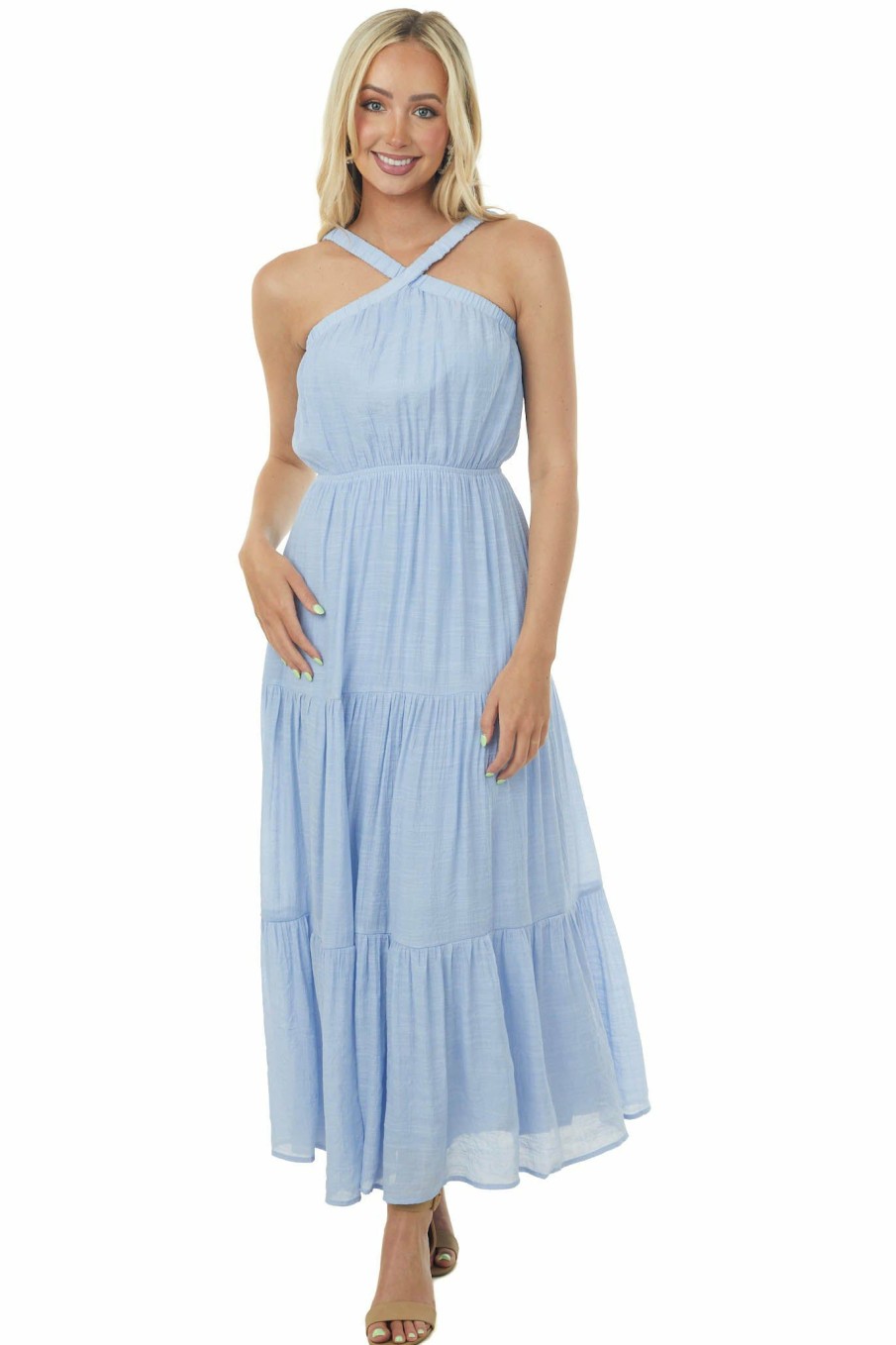 Dresses Allie Rose | Cornflower Elastic Halter Neck Tiered Maxi Dress ...